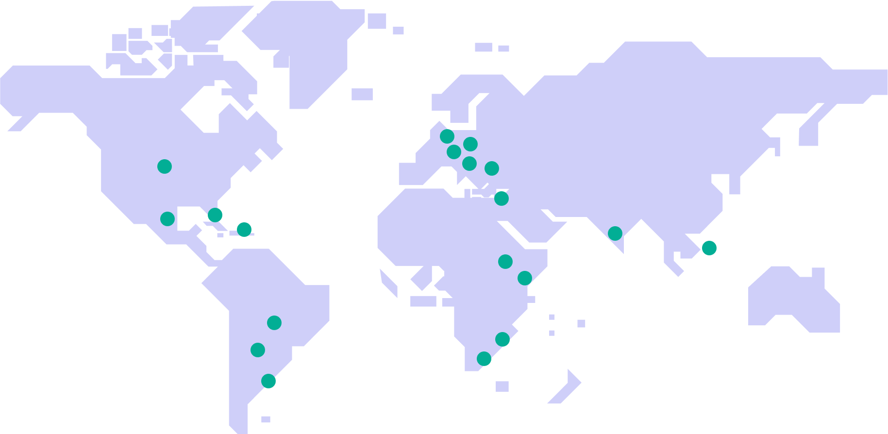 A map of the world with a bunch of green dots on it.