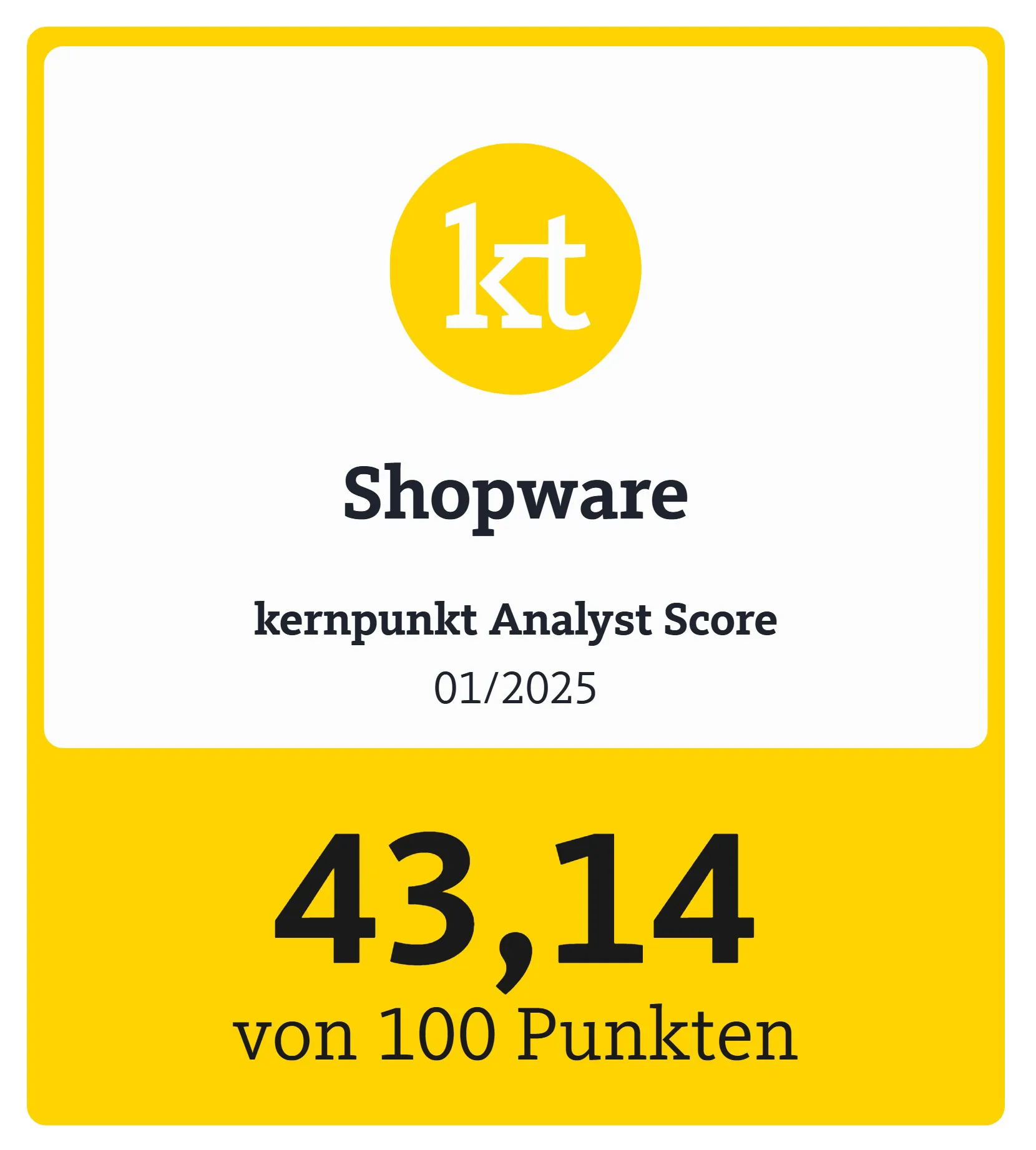 Nach einer Neubewertung im Januar 2025 belegt Shopware mit einem geringeren kernpunkt Analyst Score nur noch den vorletzten und neunten Platz mit 43,14 von 100 Punkten.