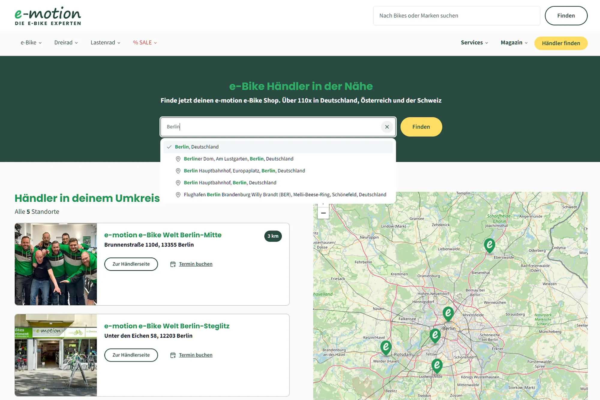Screenshot der e-motion e-bikes Website mit Händlersuche