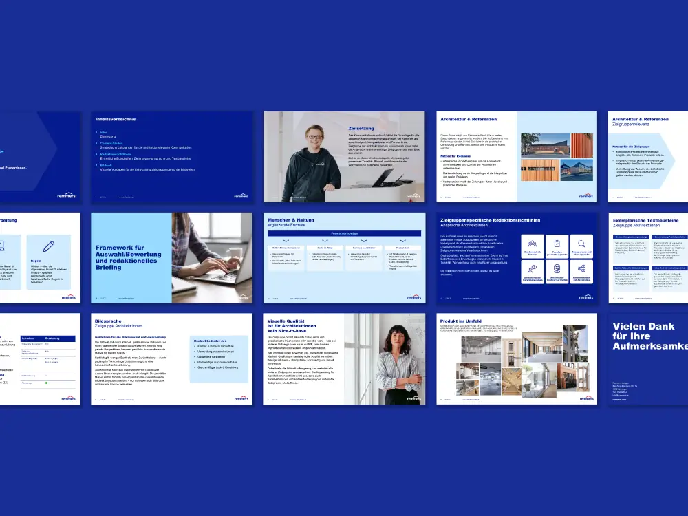 Übersichtsfolien des Kommunikationshandbuchs für die Architekten-Ansprache von Remmers, mit Content-Säulen, Textbausteinen und visuellen Leitlinien.