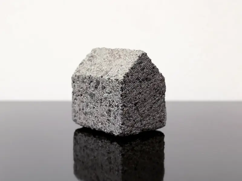 Kleines Modellhaus aus grauem Stein mit rauer Oberfläche, minimalistisch auf schwarzer glänzender Fläche vor weißem Hintergrund platziert.