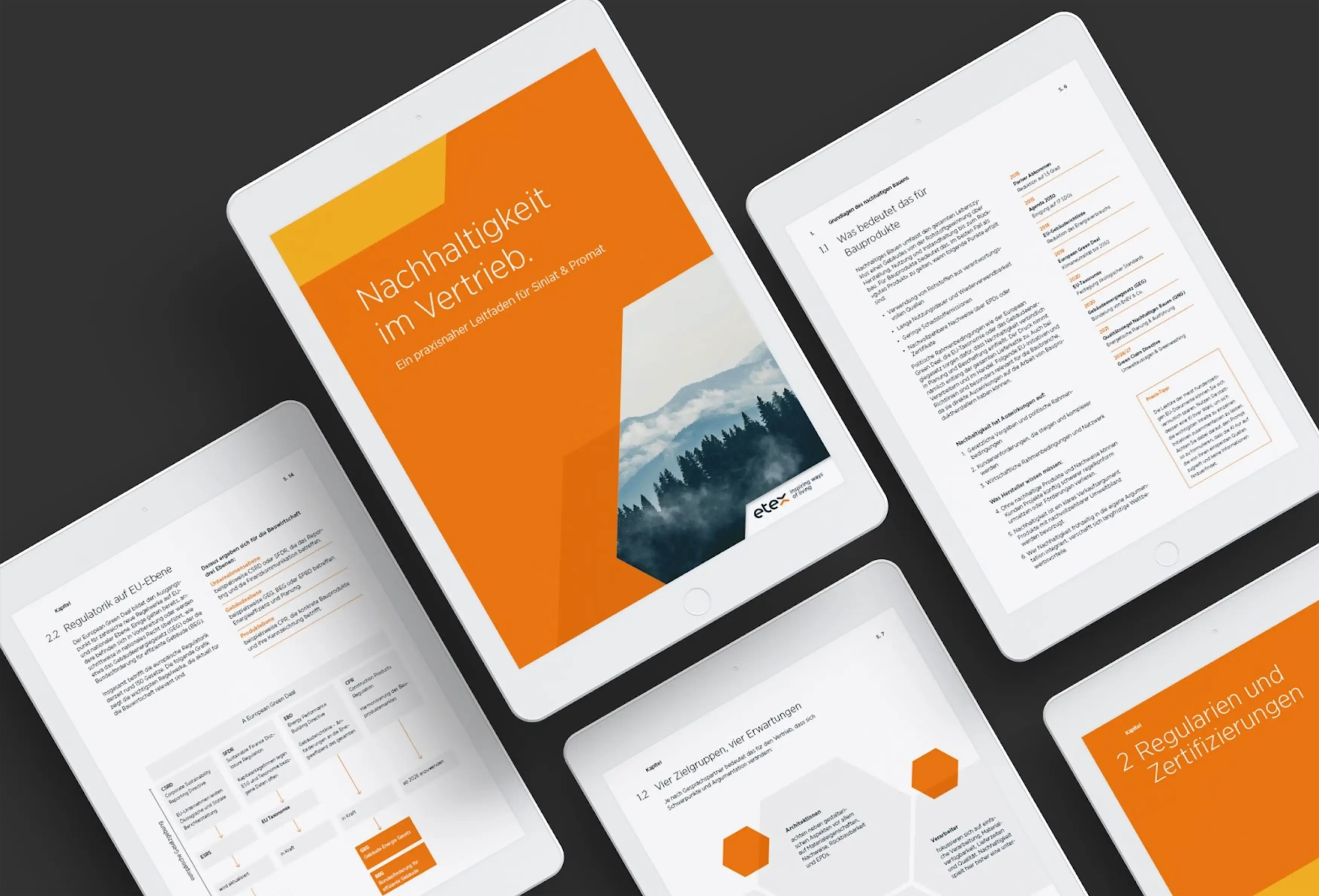 Mehrere Tablets zeigen eine digitale Publikation mit dem Titel „Nachhaltigkeit im Vertrieb“ sowie Text- und Diagrammseiten zu Nachhaltigkeit und Regulierung.