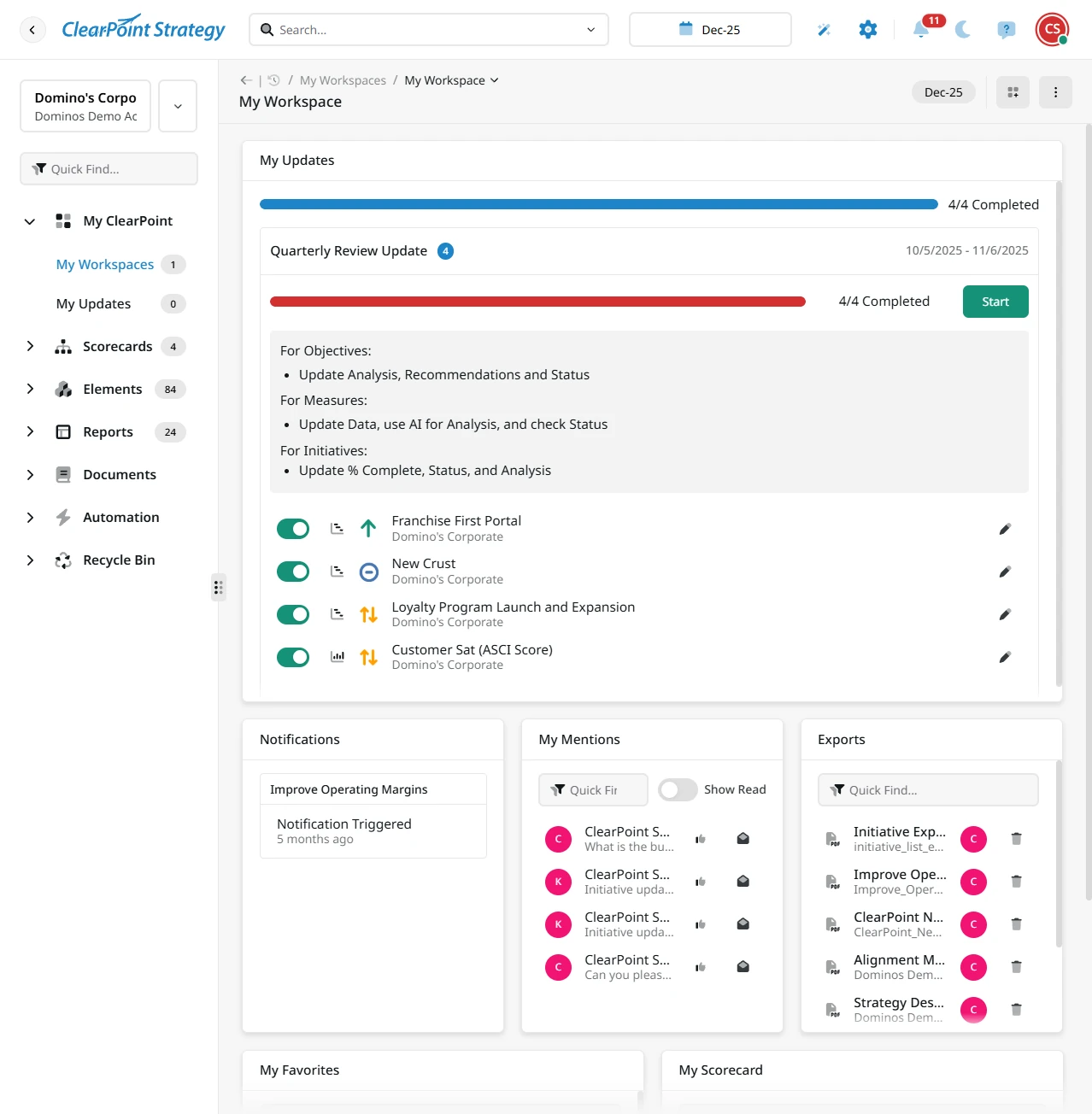 A user's 'My Workspace' page in ClearPoint Strategy, displaying a 'Quarterly Review Update' progress bar and a list of active Initiatives (like 'Franchise First Portal') and their status, as well as Notifications and Exports, highlighting the centralized user experience.