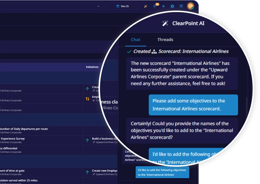 A chat window from the ClearPoint AI Assistant demonstrating the ability to create a new Scorecard ('International Airlines') and a follow-up conversation to add objectives to it, showcasing the AI's natural language interaction for setup and management.