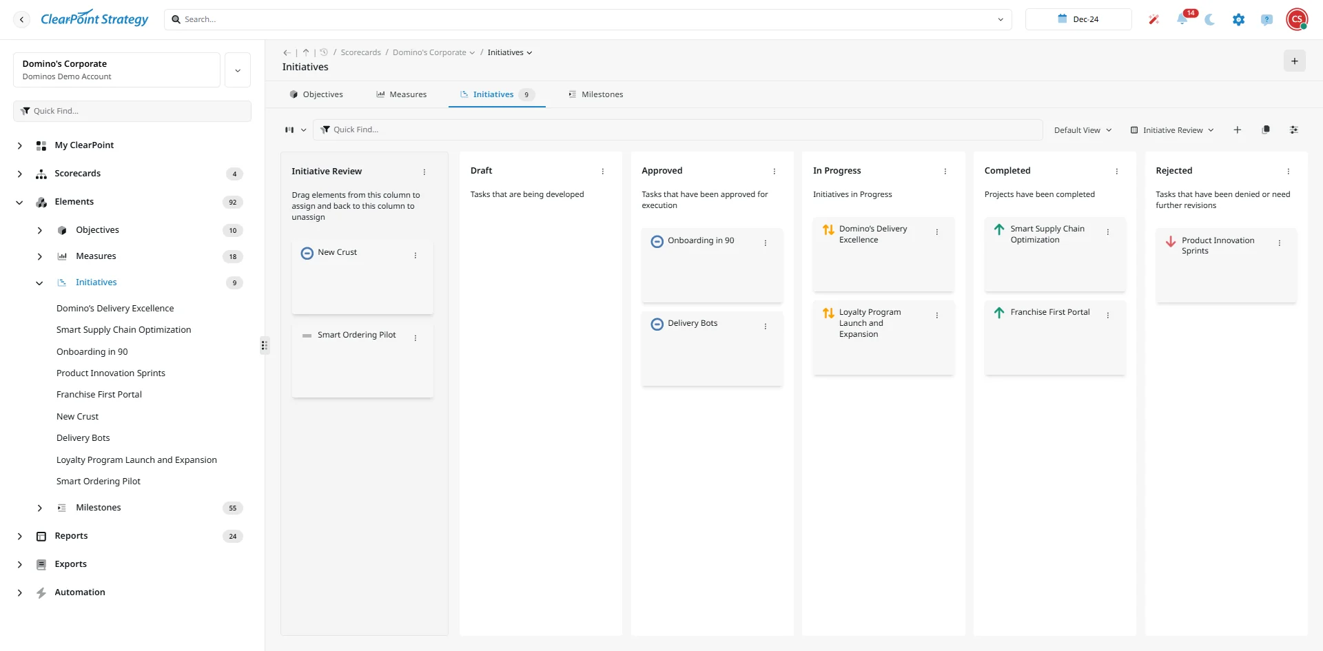 Screenshot of the ClearPoint Strategy platform showing the Initiatives section in Kanban Board View, allowing users to drag and drop initiatives (Draft, Approved, In Progress, Completed, Rejected) to manage the strategy workflow.