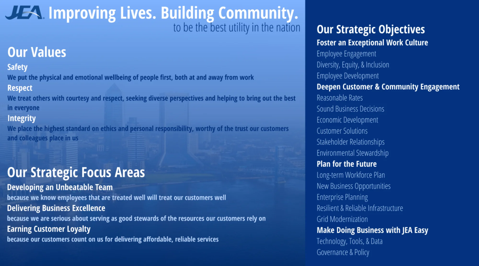 Organizational chart for JEA utility showing their values of safety, respect, and integrity alongside strategic focus areas like developing an unbeatable team and earning customer loyalty.