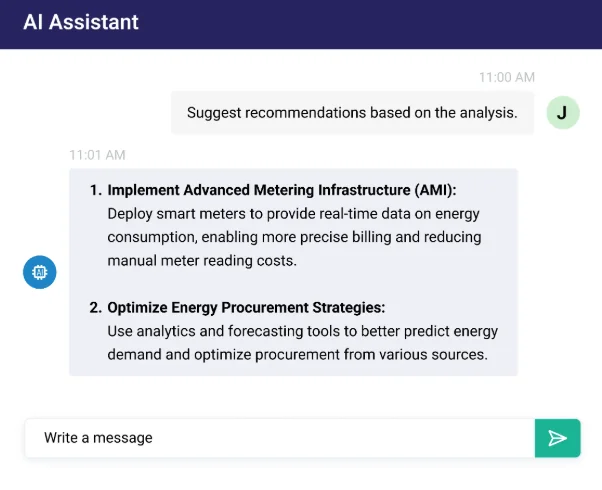 ClearPoint AI Assistant suggesting specific operational recommendations, such as implementing advanced metering infrastructure, based on data trends.
