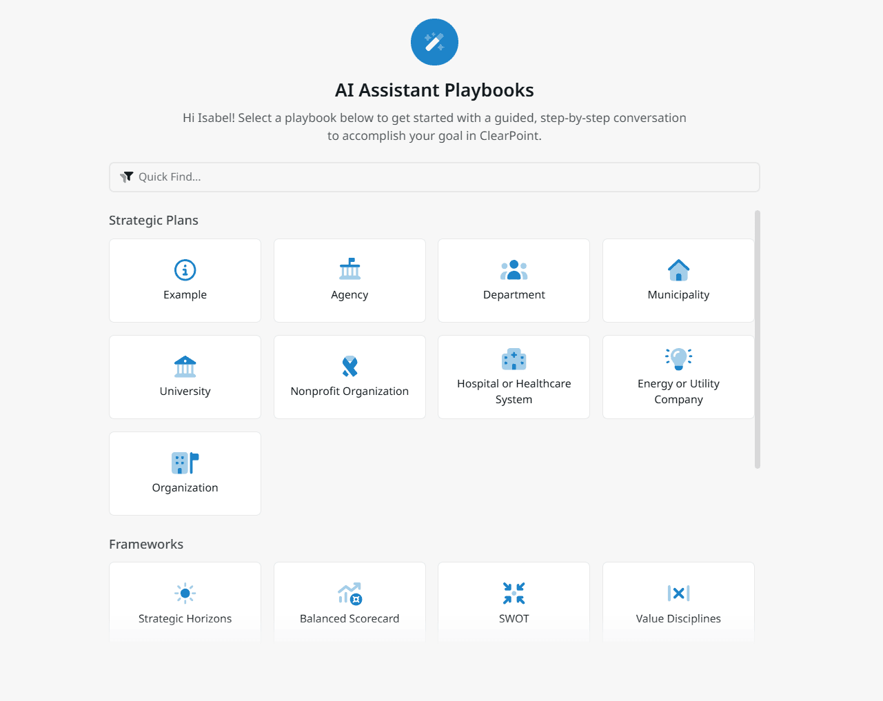 ClearPoint Next AI Assistant Playbooks dashboard showing various strategic plan templates for agencies, departments, municipalities, and healthcare systems.