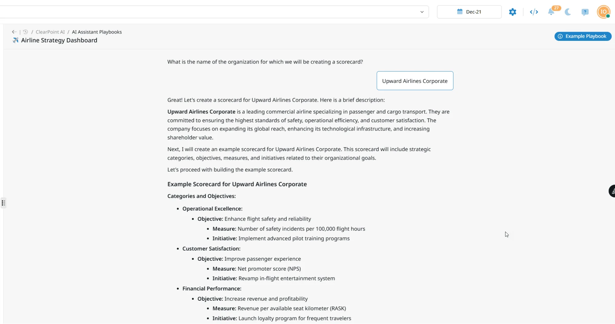 Step-by-step AI Playbook interface in ClearPoint Next building a scorecard for Upward Airlines Corporate with defined objectives and measures.