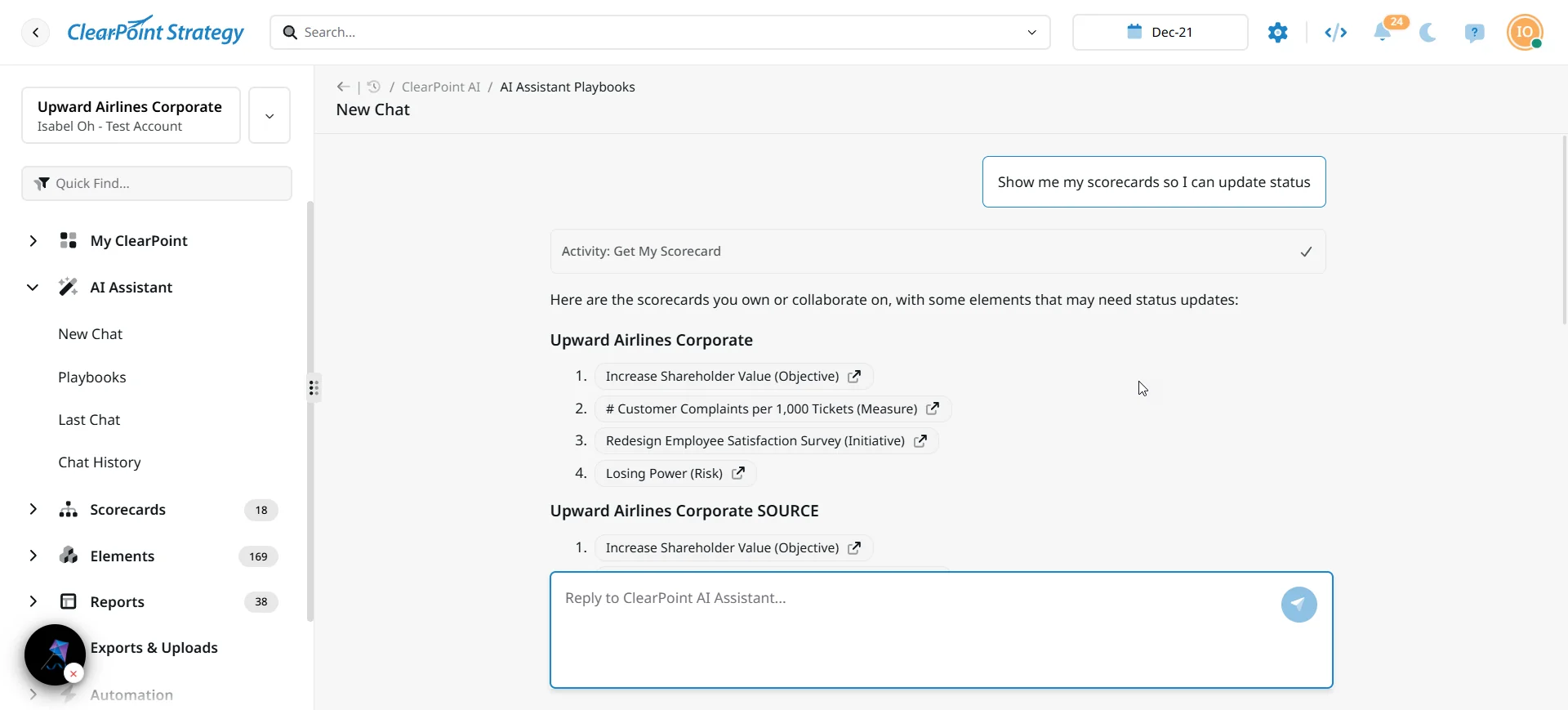 Conversational AI interface in ClearPoint Next allowing users to view and update the status of objectives, measures, and risks like "Losing Power."