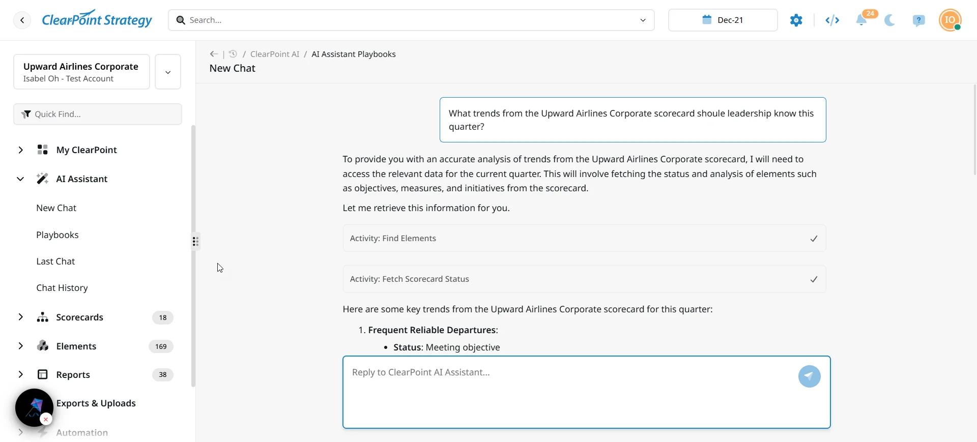 ClearPoint AI Assistant answering a leadership query about quarterly trends by analyzing the status of "Frequent Reliable Departures" objectives.