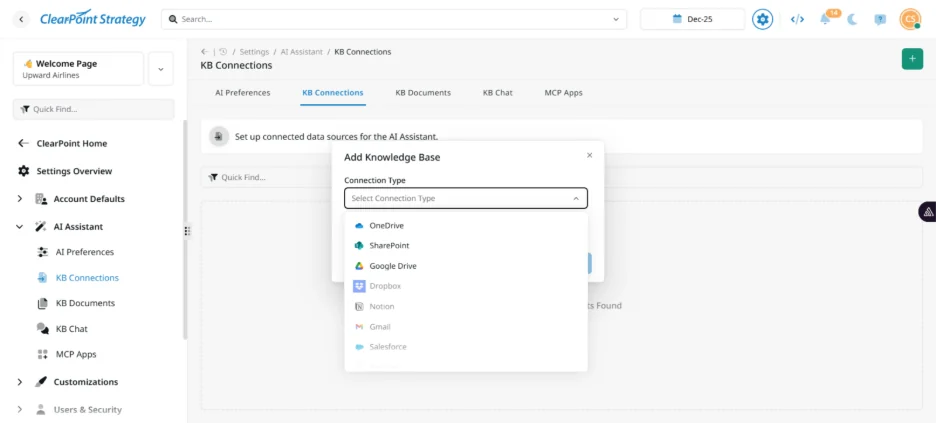 ClearPoint Next AI settings menu showing options to connect external knowledge bases like OneDrive, Google Drive, SharePoint, and Dropbox.