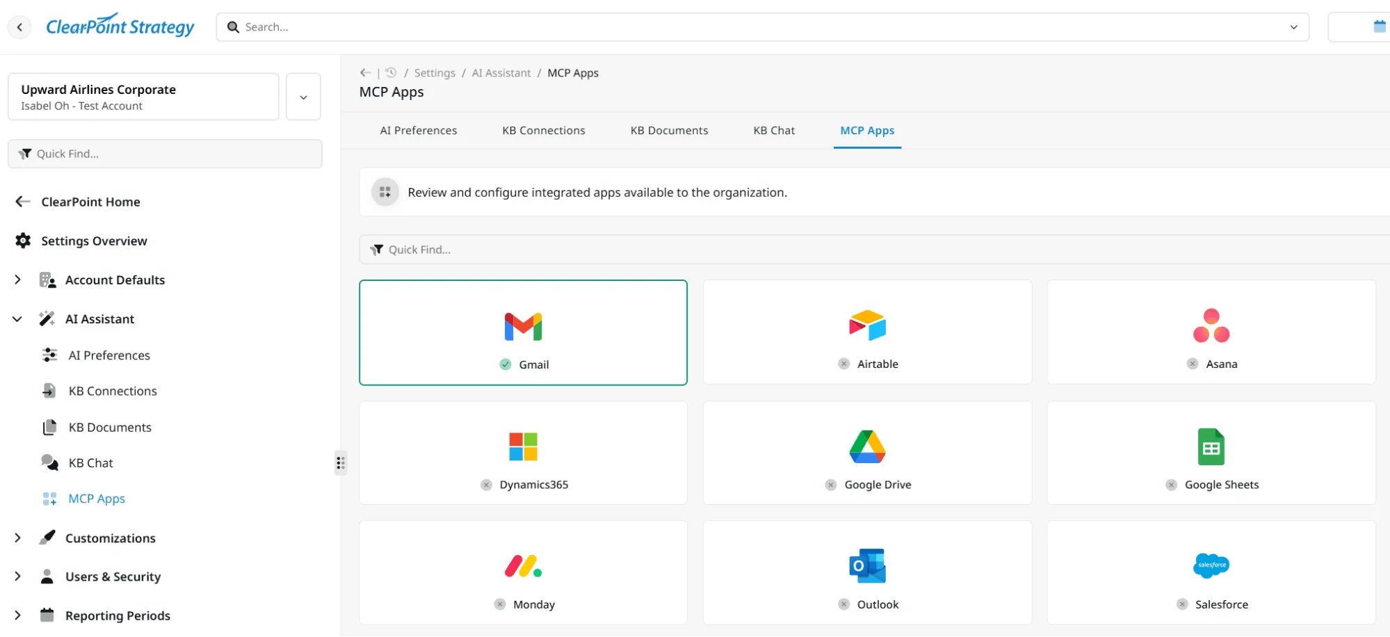 The ClearPoint Next MCP Apps integration screen featuring connected tools like Gmail, Airtable, Asana, Salesforce, and Microsoft Outlook.