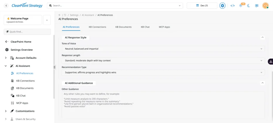 Customization settings for ClearPoint AI Assistant allowing users to set tone of voice, response length, and specific organizational writing guidelines.