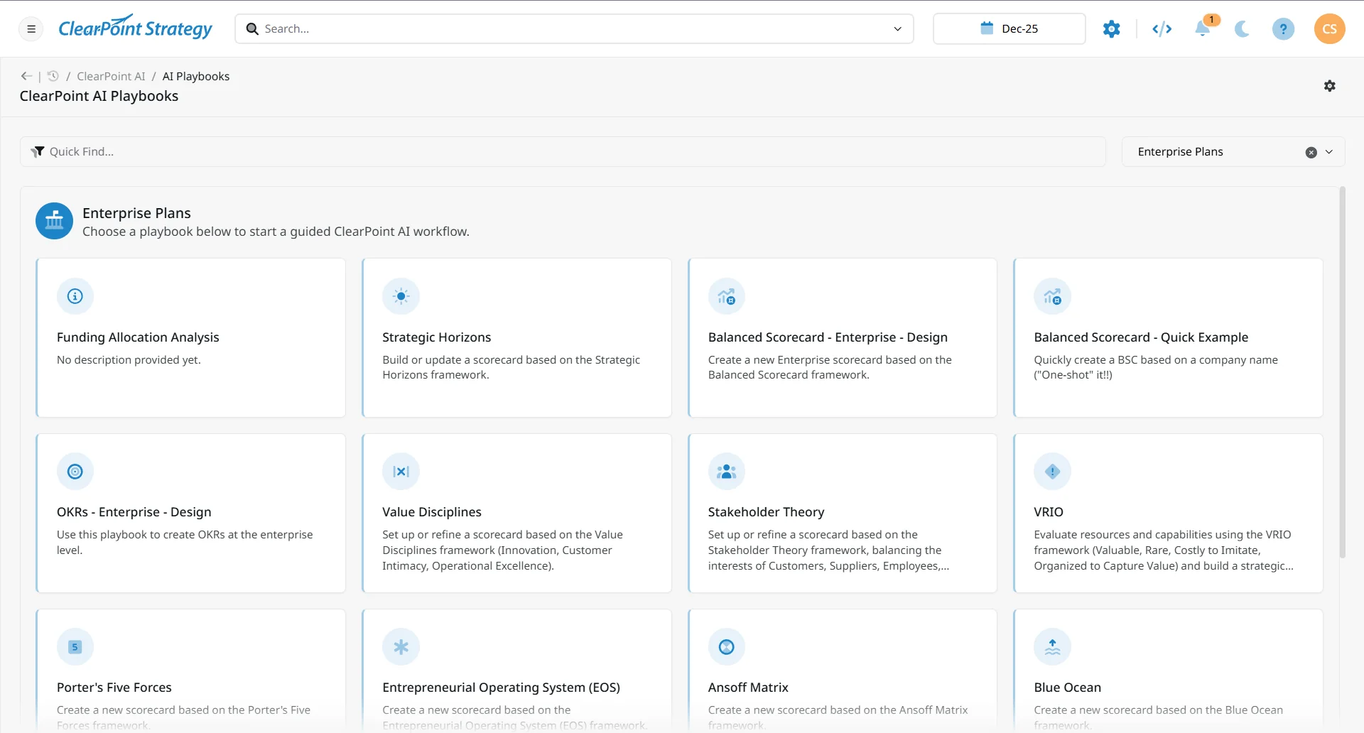ClearPoint AI Enterprise Plans section showing playbook cards for Funding Allocation Analysis, Strategic Horizons, Balanced Scorecard, OKRs, Value Disciplines, Stakeholder Theory, VRIO, and Porter’s Five Forces.