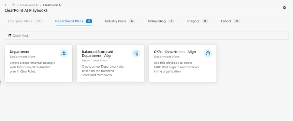ClearPoint AI Department Plans section with playbook cards for Department planning, Balanced Scorecard alignment, and OKR alignment.