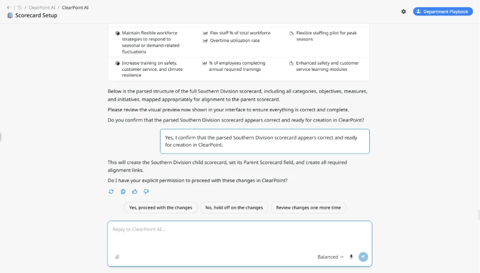Scorecard Setup page asking for confirmation to create and align a Southern Division scorecard, with approval buttons and a reply field below.