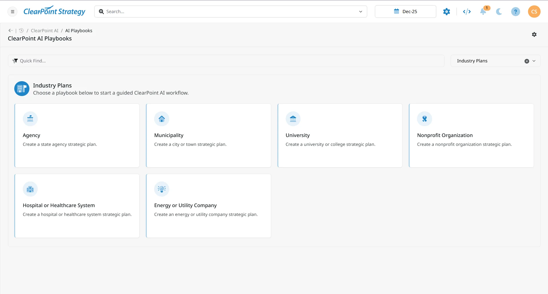 ClearPoint AI Industry Plans section displaying playbook cards for Agency, Municipality, University, Nonprofit Organization, Hospital or Healthcare System, and Energy or Utility Company.