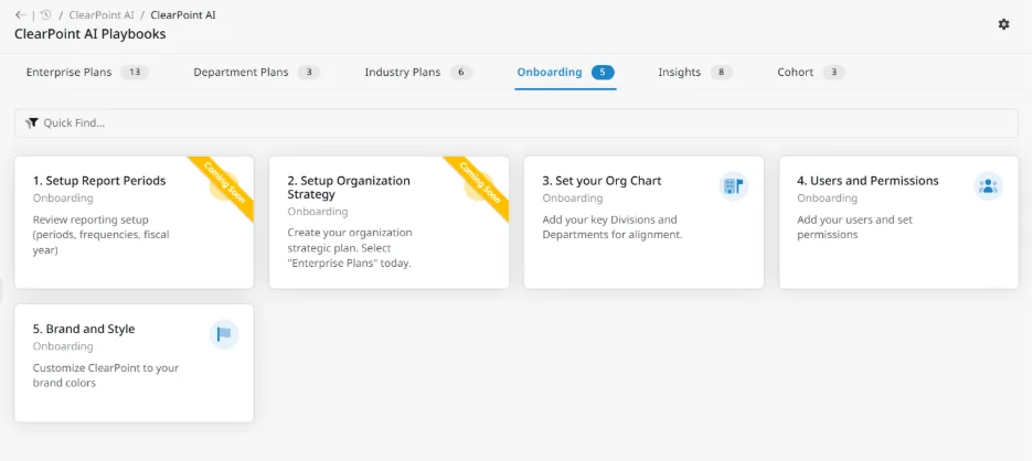 ClearPoint AI Onboarding section showing setup playbooks for report periods, organization strategy, org charts, users and permissions, and brand and style configuration.