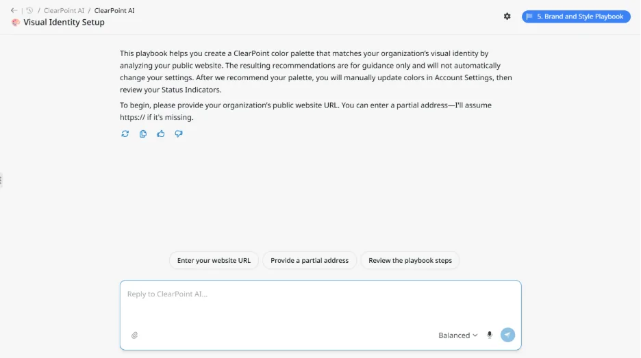 Visual Identity Setup page explaining how to generate a ClearPoint color palette from an organization website URL, with action buttons below the text.