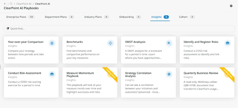 ClearPoint AI Playbooks page with tabs for Enterprise Plans, Department Plans, Industry Plans, Onboarding, Insights, and Cohort, plus cards for SWOT Analysis, Benchmarks, and Risk Assessment.