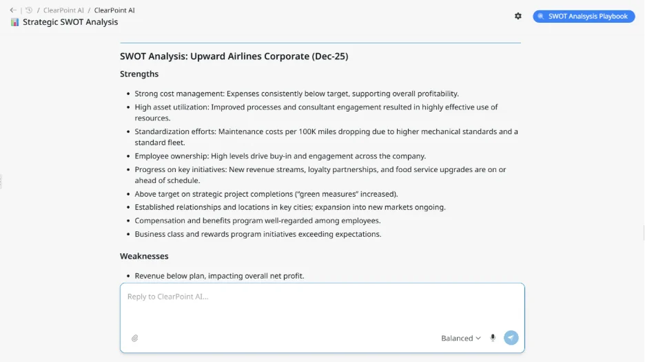 Strategic SWOT Analysis page showing a list of strengths and weaknesses for Upward Airlines Corporate with a reply input area below.