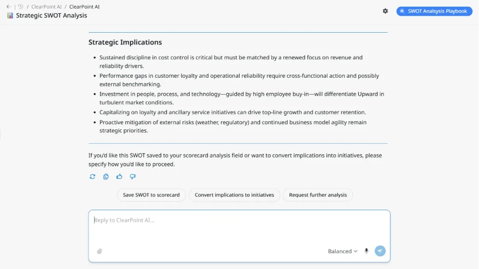 Strategic SWOT Analysis page displaying strategic implications bullet points and buttons to save SWOT results, convert implications into initiatives, or request further analysis.