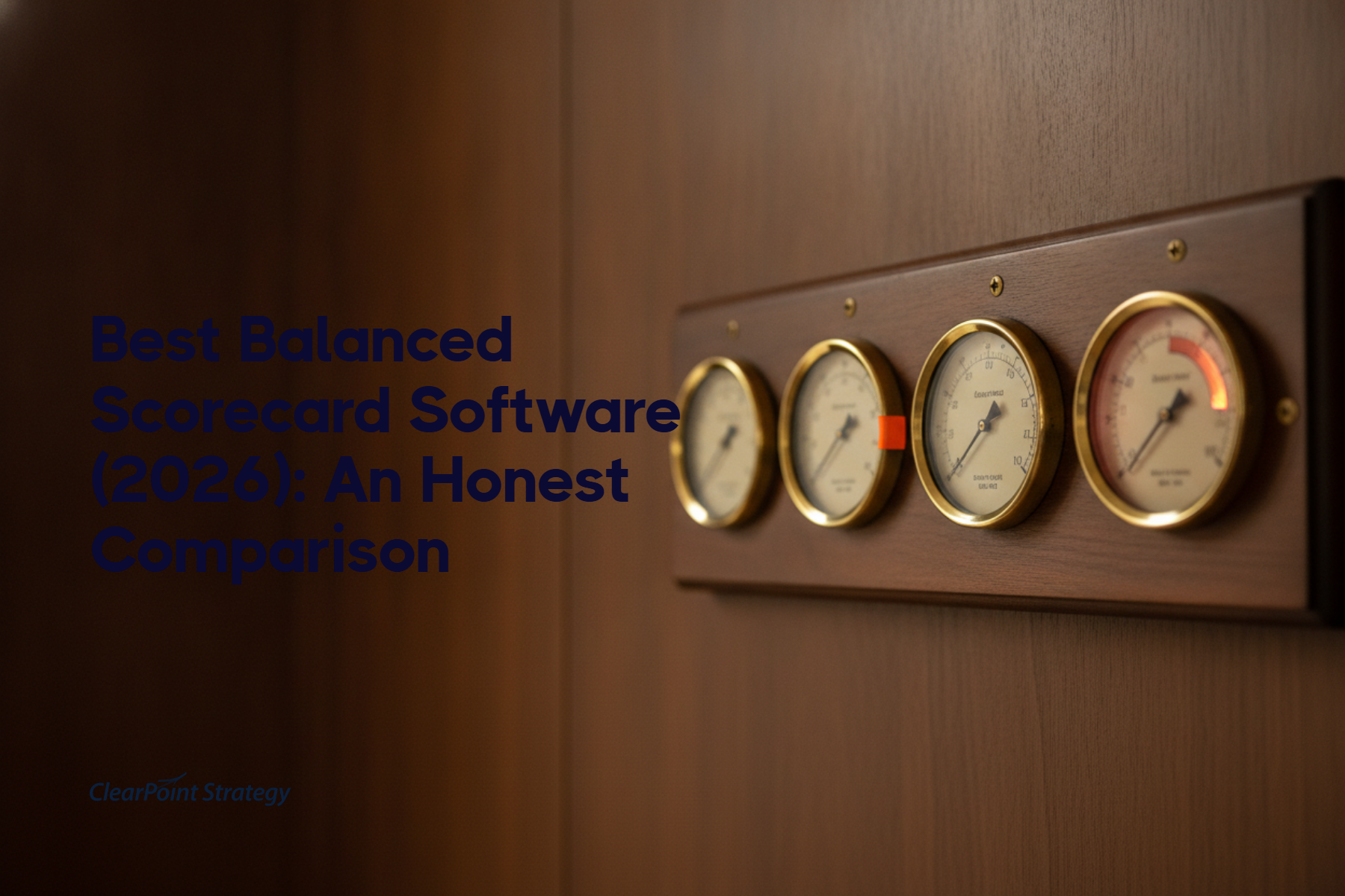 Four brass analog gauges mounted on a wood panel wall, representing the Balanced Scorecard's four perspectives, with one gauge glowing amber-red