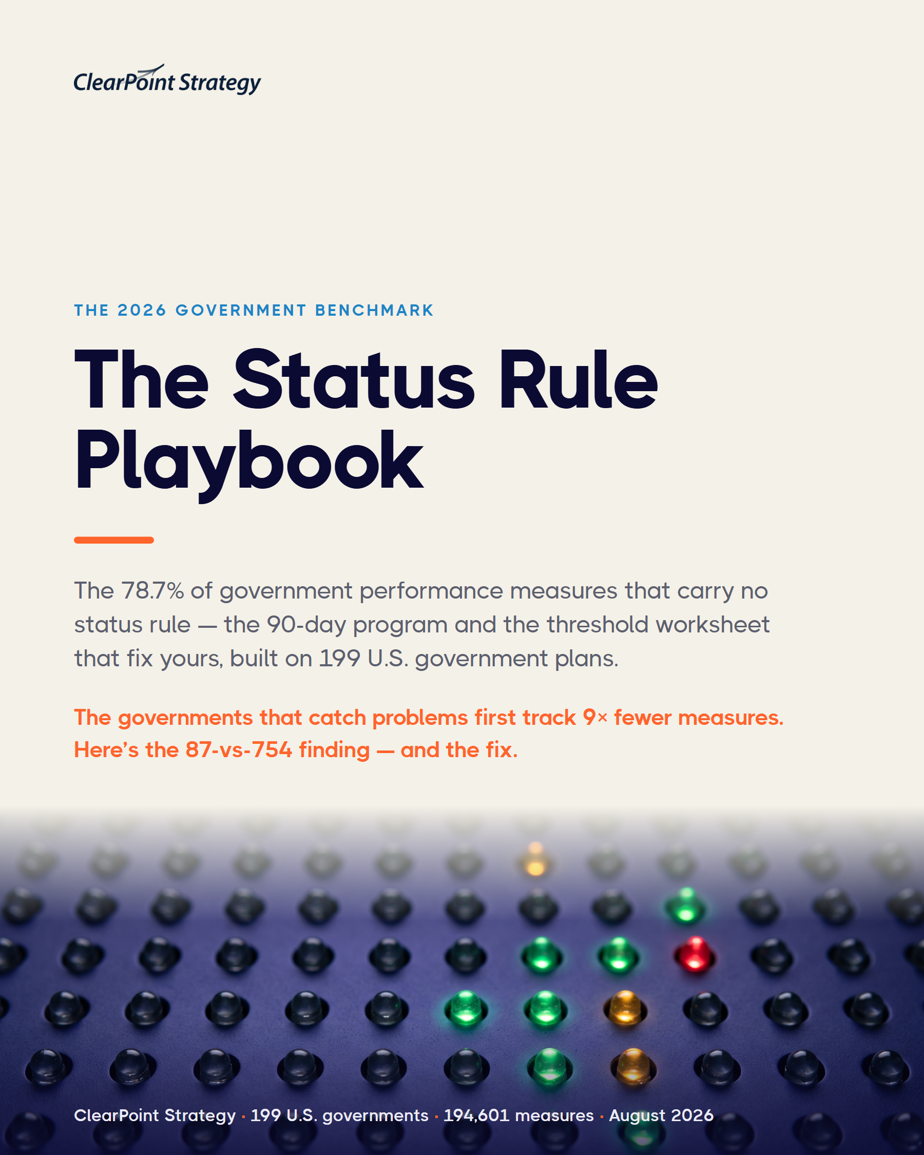 The Status Rule Playbook — 2026 Government Benchmark cover, ClearPoint Strategy