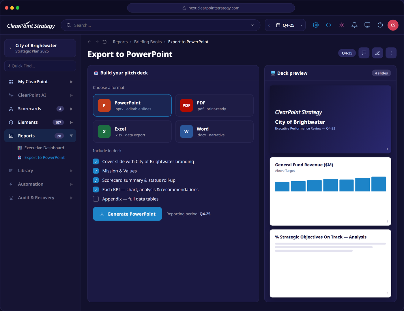 ClearPoint's Export to PowerPoint screen for the City of Brightwater, showing format options and a live branded deck preview with slide thumbnails