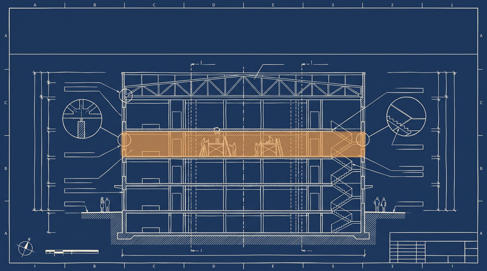 Blueprint section of a public building with one highlighted floor