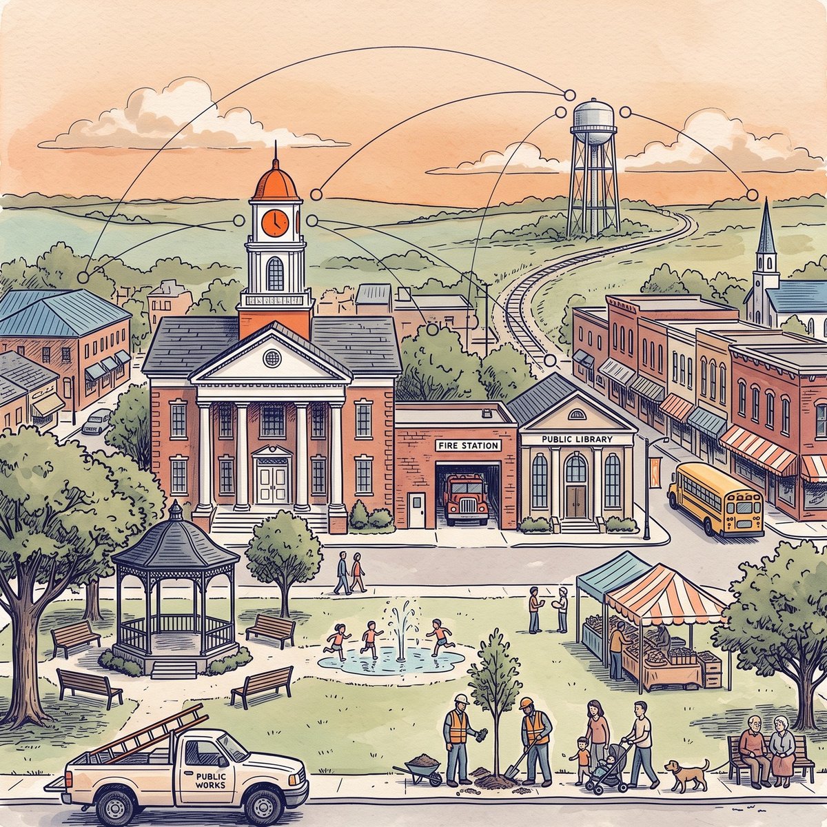 Illustration of a small city — city hall, fire station, library and water tower linked by one network of civic commitments
