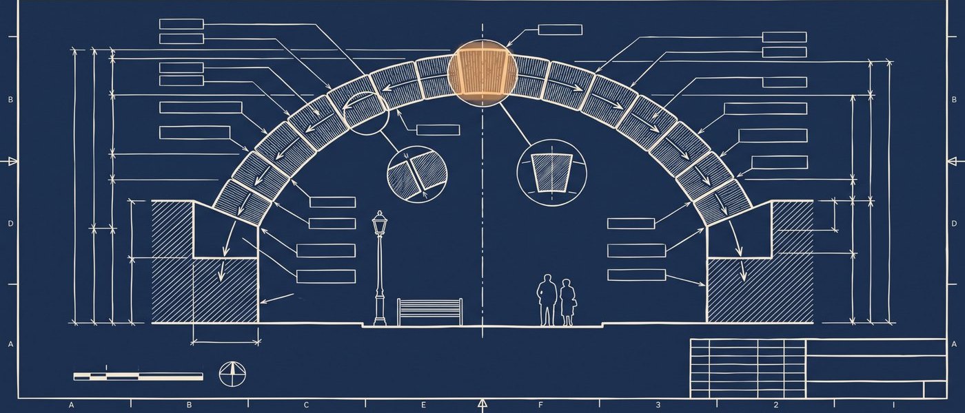 Blueprint of a stone arch with the keystone highlighted — the piece that holds a plan together