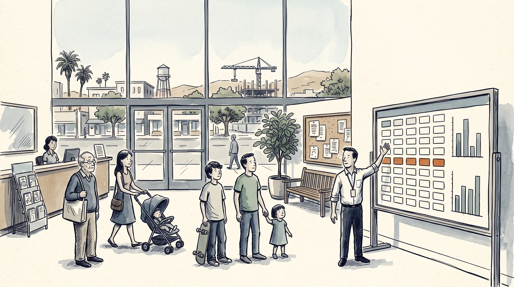 Residents reading a city's public capital project dashboard on a screen in a civic space