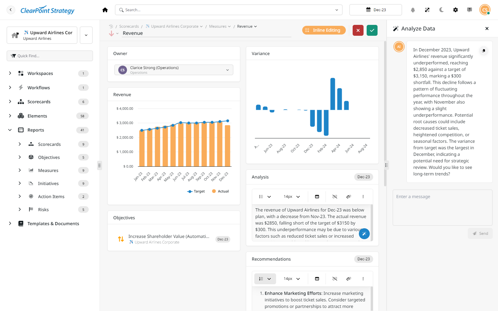 ClearPoint AI Analyze Data panel explaining a measure variance