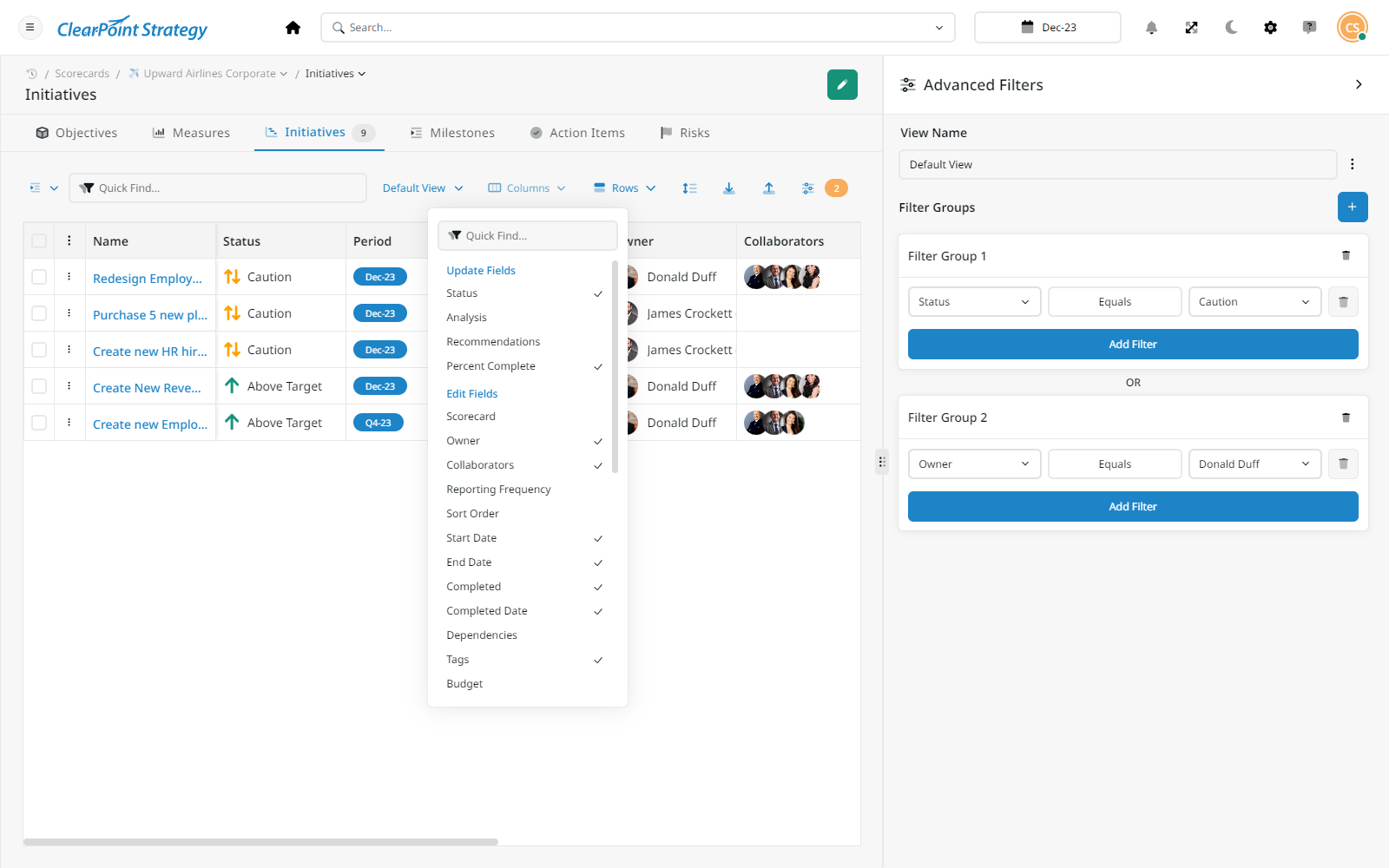 ClearPoint initiatives list with column picker and advanced filters by status and owner