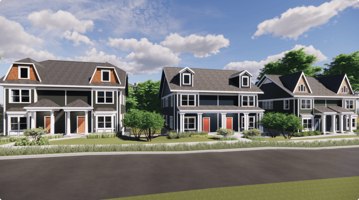 3d render showing the exterior of three houses along a street