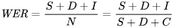 The formula for word error rate.
