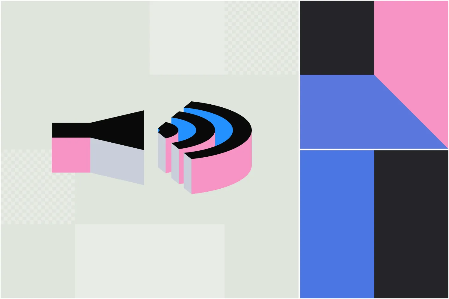 Illustration of a speaker with sound waves pulsing out of it on a colourful background