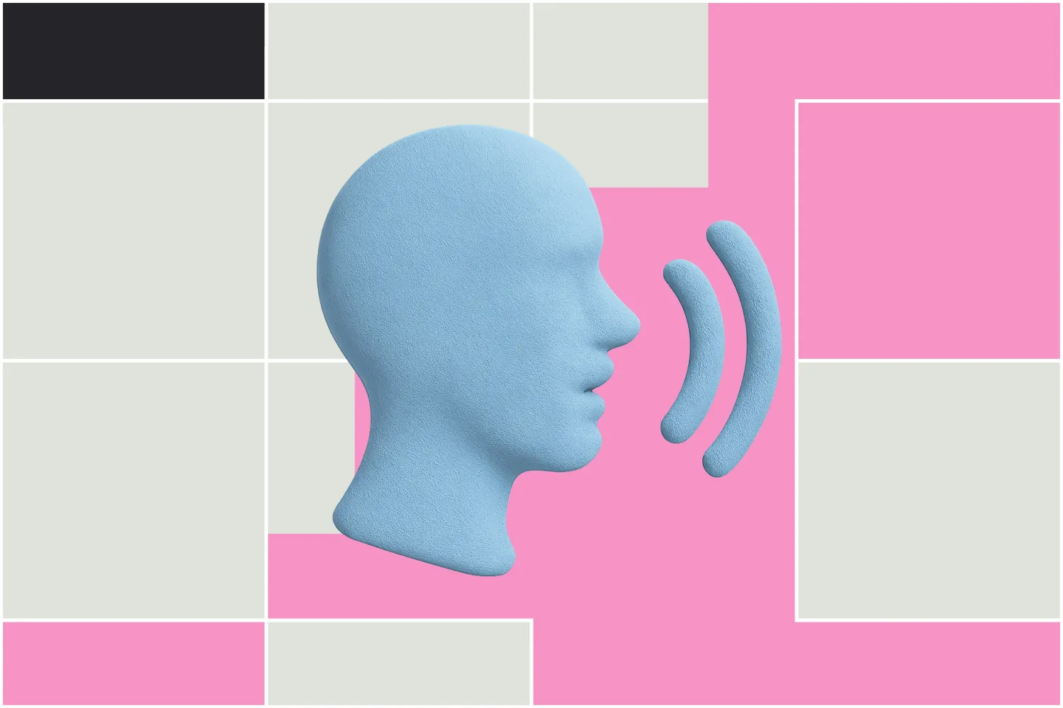 3D icon of a human speaking over a pink background pattern