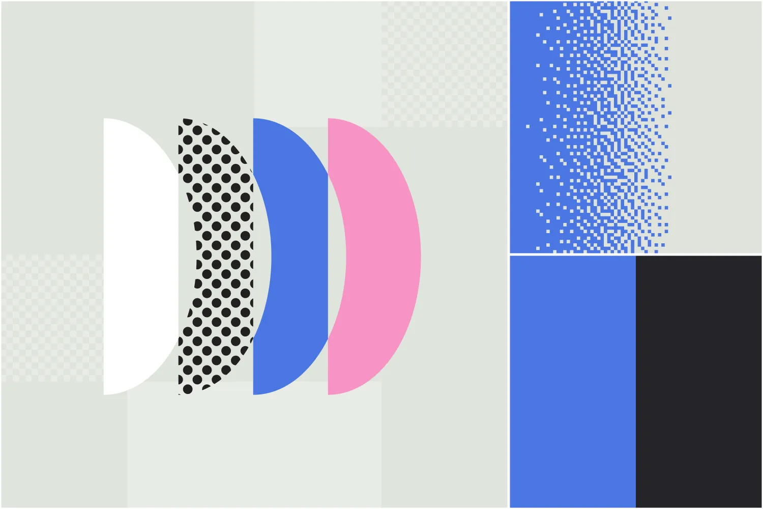 multiple colourful organic shapes in a row over a pattern background