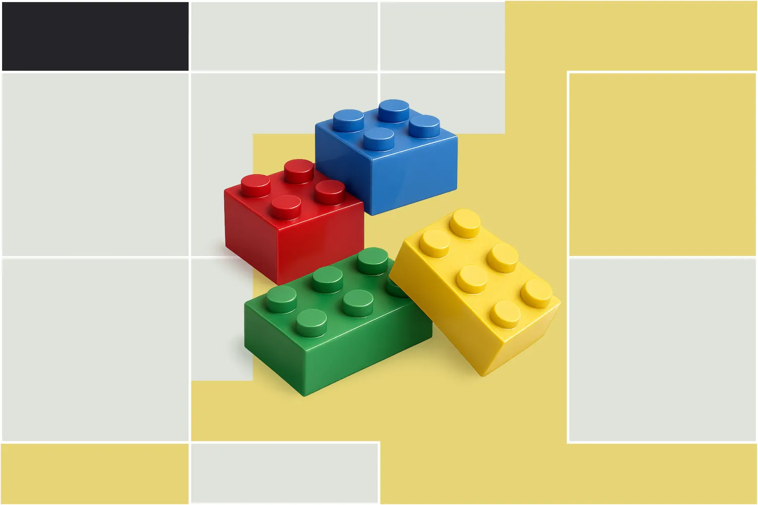 Stack ng mga bloke ng Lego sa dilaw at puting background.