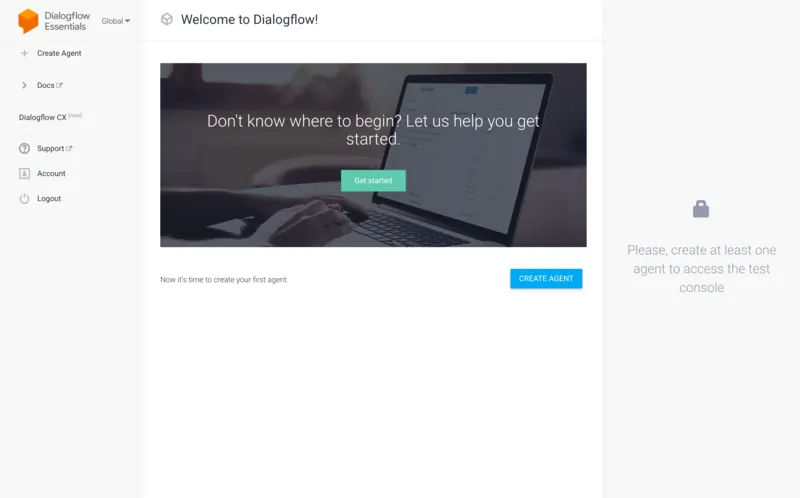 Dialogflow ES home interface