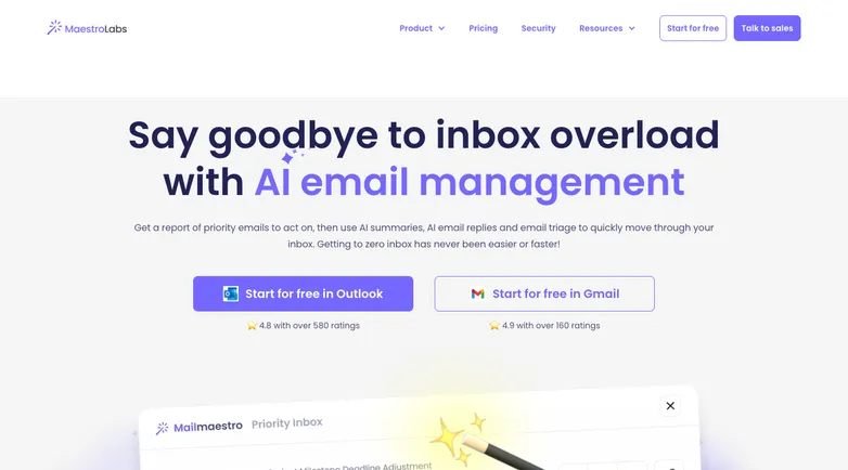 MailMaestro landing page hero.