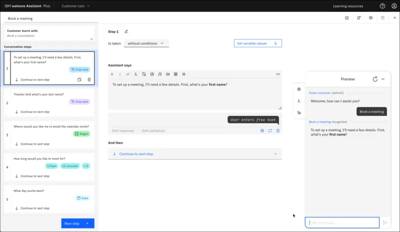 IBM watsonx Assistant's no code flow building interface.