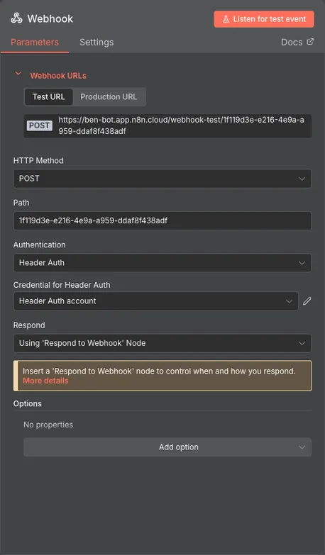 Modal for configuring the n8n webhook