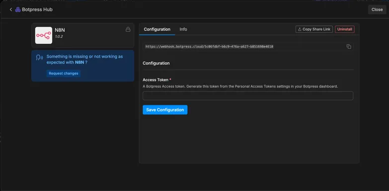 Botpress Hub n8n integration configuration screen