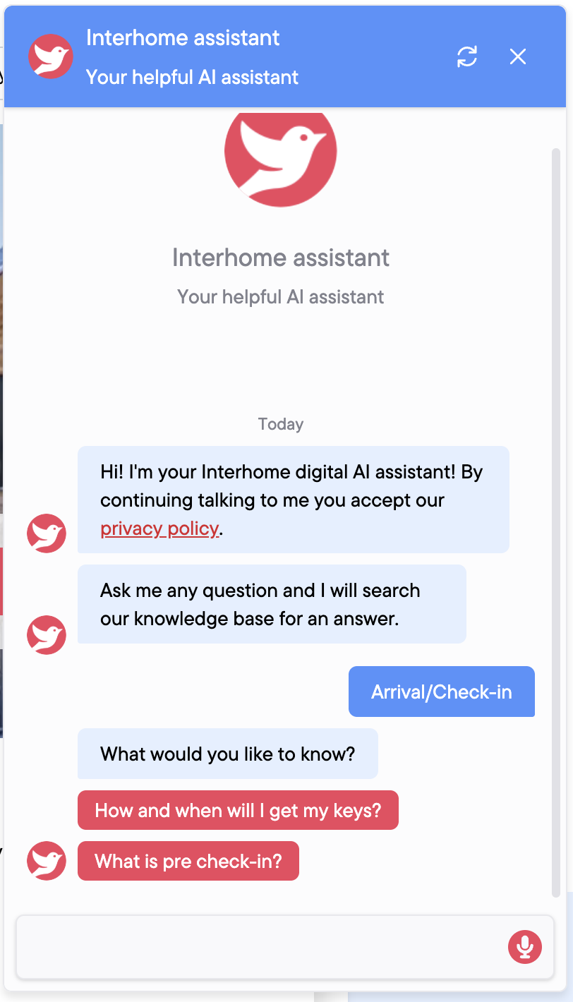 Screenshot of the Interhome chatbot offering topic buttons
