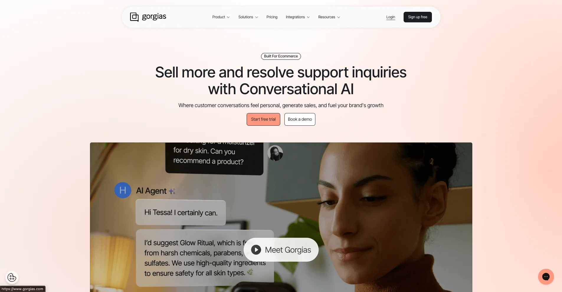 Home page of Gorgias, showing “Sell more and resolve support inquiries with Conversational AI,” with “Start free trial” / “Book a demo” buttons and a chat demo image.