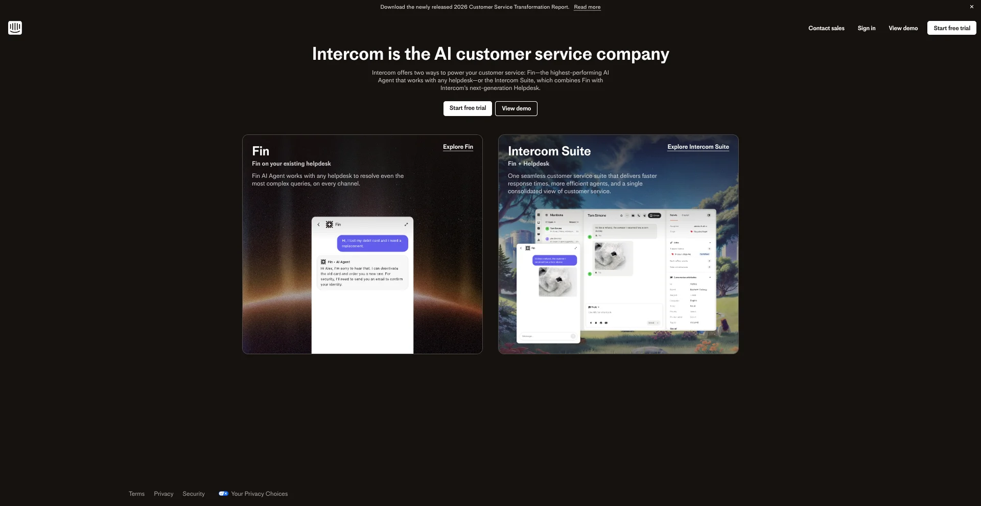 Home page of Intercom, showing “Deliver exceptional customer service with Intercom,” alongside a screenshot of the Intercom inbox UI and a “Start free trial” button.